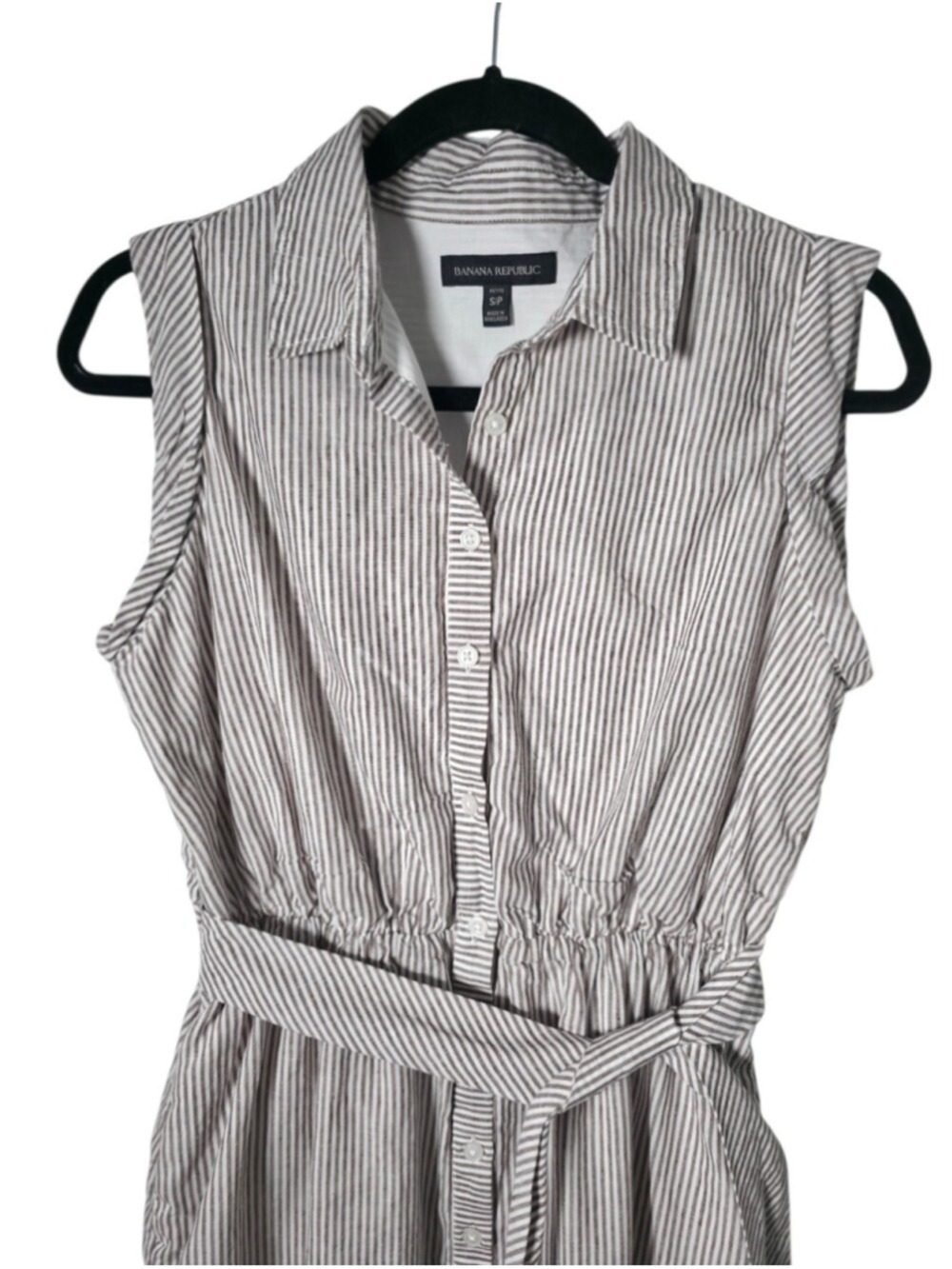 Banana Republic Petite Striped Shirt Dress Brown White Sleeveless Belted Midi - Picture 3 of 11
